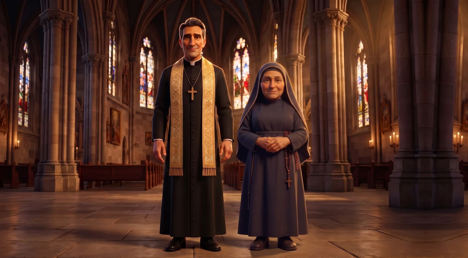 Father Marco Vincenti and Sister Maria Celeste, Ordo Digitalis’s fictional animated teaching characters, standing together in a cathedral.